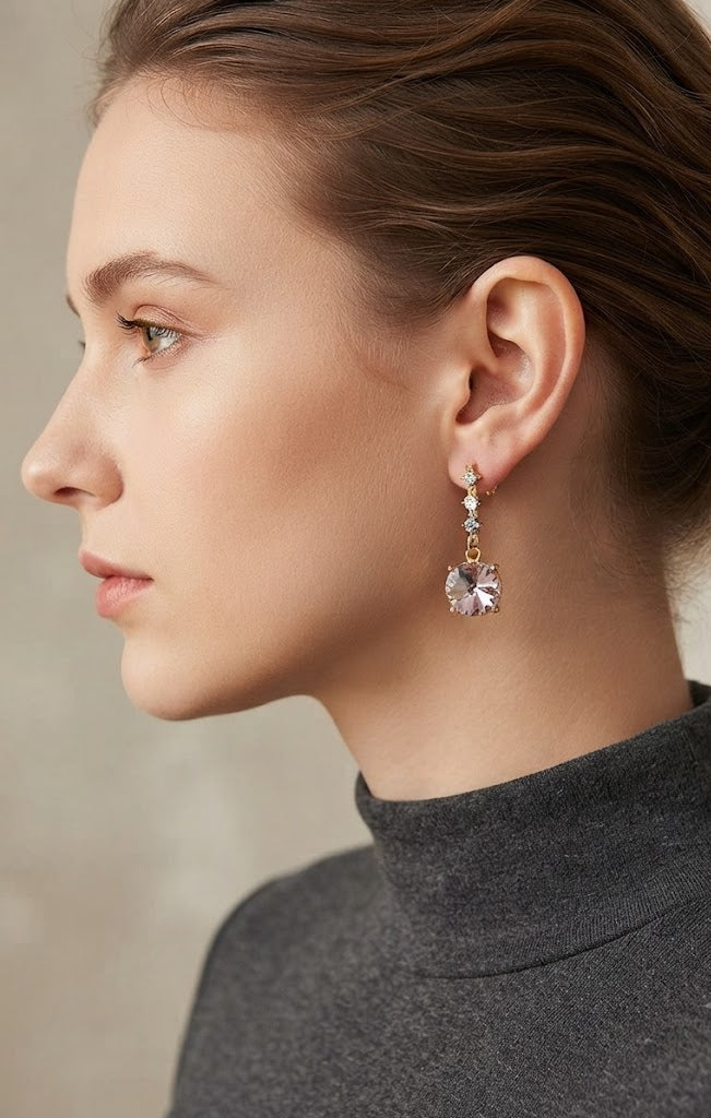 Gold CZ chain blush crystal drop earrings flat lay on cream silk with black velvet jewellery box, gold chain and scattered gold beads – AureliaBlends luxury earrings