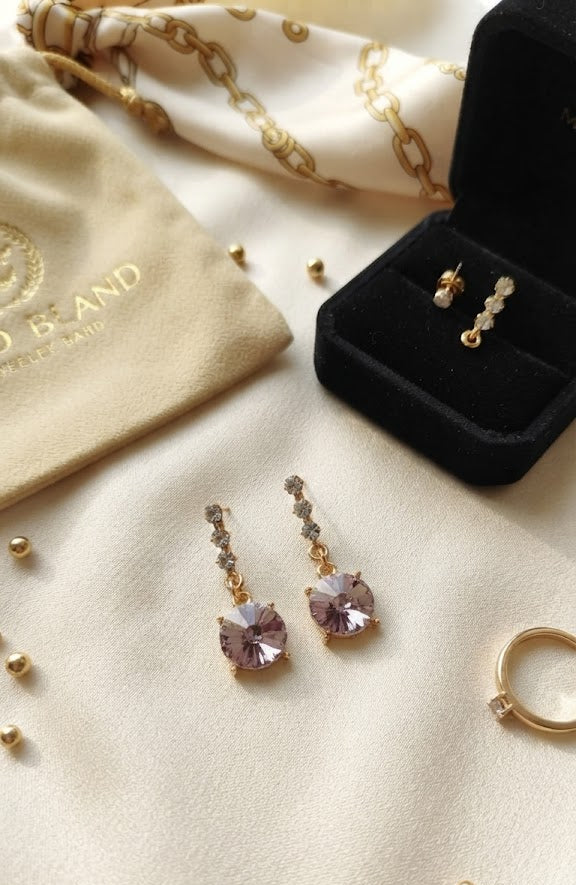 Gold CZ chain and blush rivoli crystal drop earrings in open navy blue velvet gift box with To My Darling gift card on wooden surface – AureliaBlends bridal gift