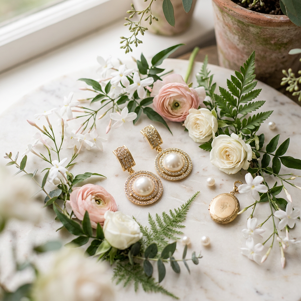 Gold-toned pearl jewelry displayed on a light marble surface with pink and white flowers and green foliage. The set includes a pair of drop earrings with round pearl centers and textured gold surrounds, a matching round locket, and a small pearl bead.