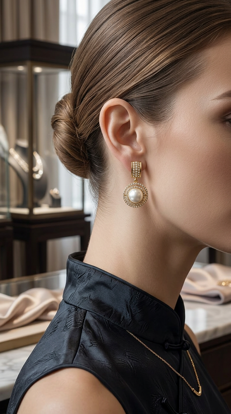 A close-up side profile of a woman wearing a gold and pearl drop earring, a delicate gold necklace, and a black satin cheongsam top in an elegant jewelry store setting.