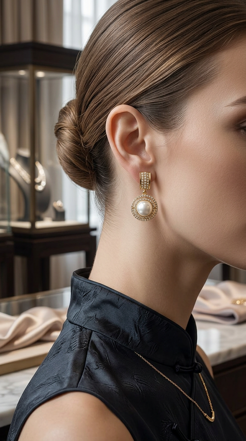 A close-up side profile of a woman wearing a gold and pearl drop earring, a delicate gold necklace, and a black satin cheongsam top in an elegant jewelry store setting.