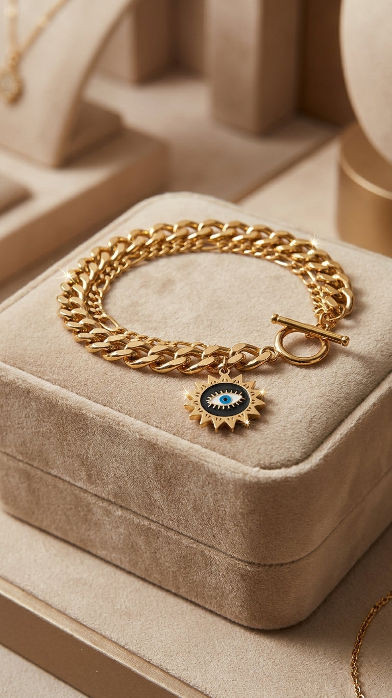 Gold-plated evil eye sunburst charm bracelet with Cuban curb and figaro dual chain on white background – AureliaBlends