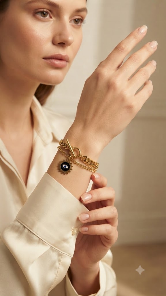 Gold evil eye charm bracelet with toggle clasp displayed on luxury velvet jewelry box – AureliaBlends