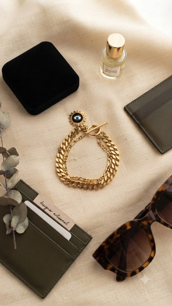 Evil Eye Gold Chain Bracelet – Gold-Plated Dual Chain Charm Bracelet