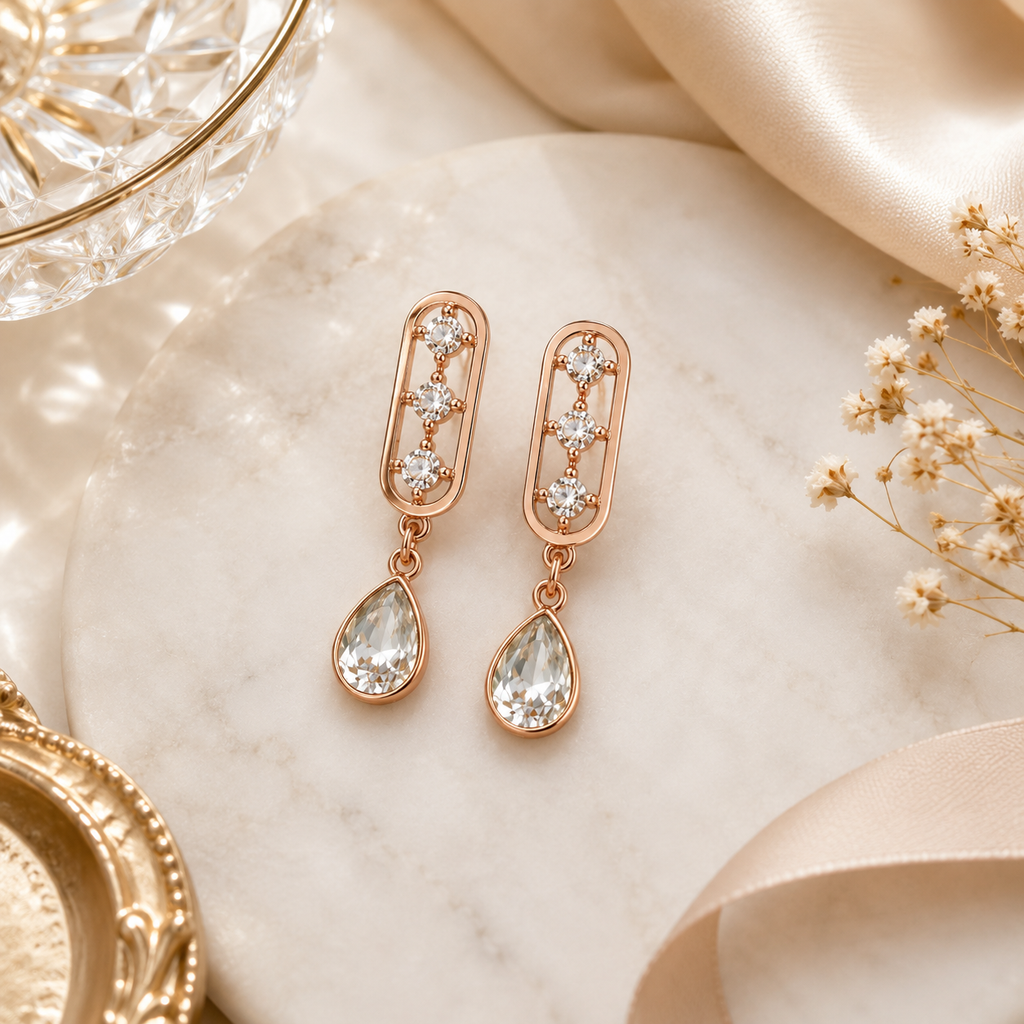 Rose gold CZ bar and teardrop crystal drop earrings in open mauve velvet gift box with Especially For You card and champagne ribbon – AureliaBlends