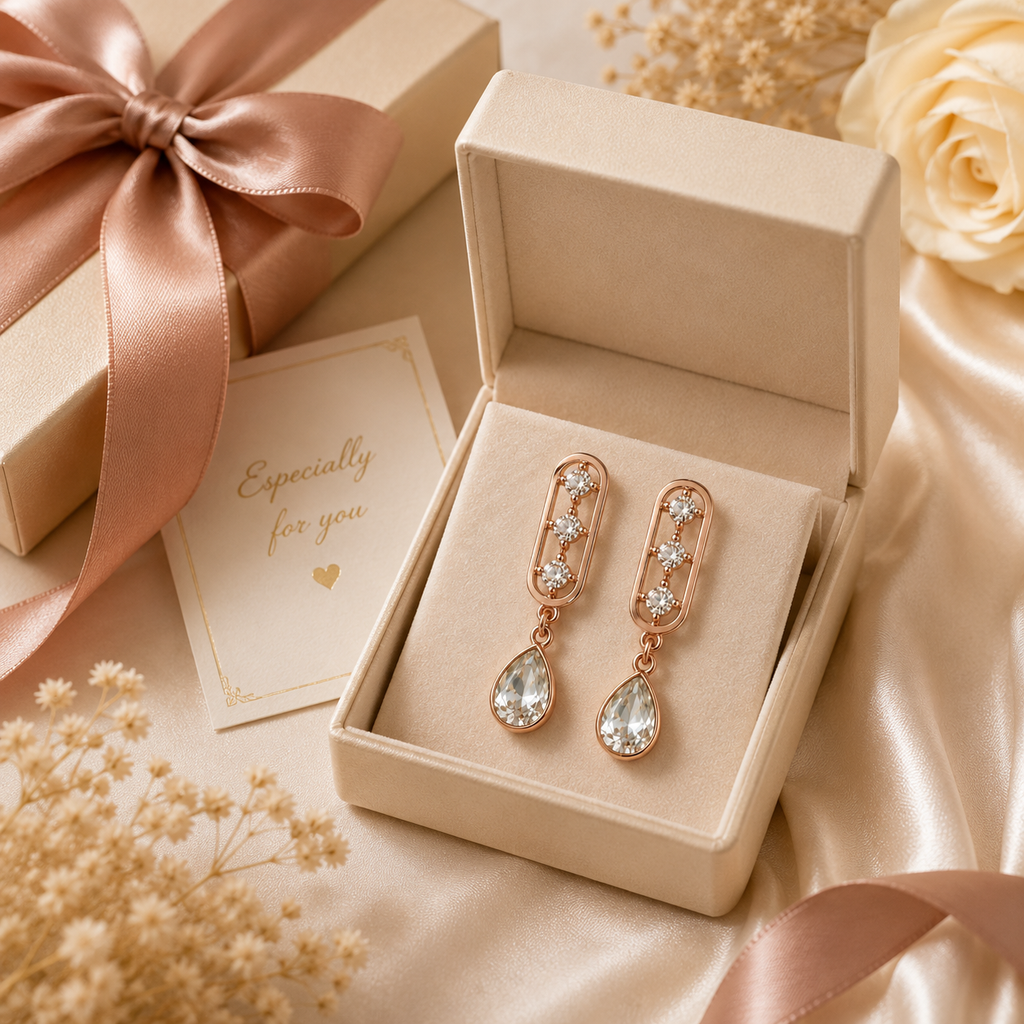 Rose gold oval bar CZ and teardrop crystal drop earrings on black luxury background with black satin ribbon – AureliaBlends statement earrings