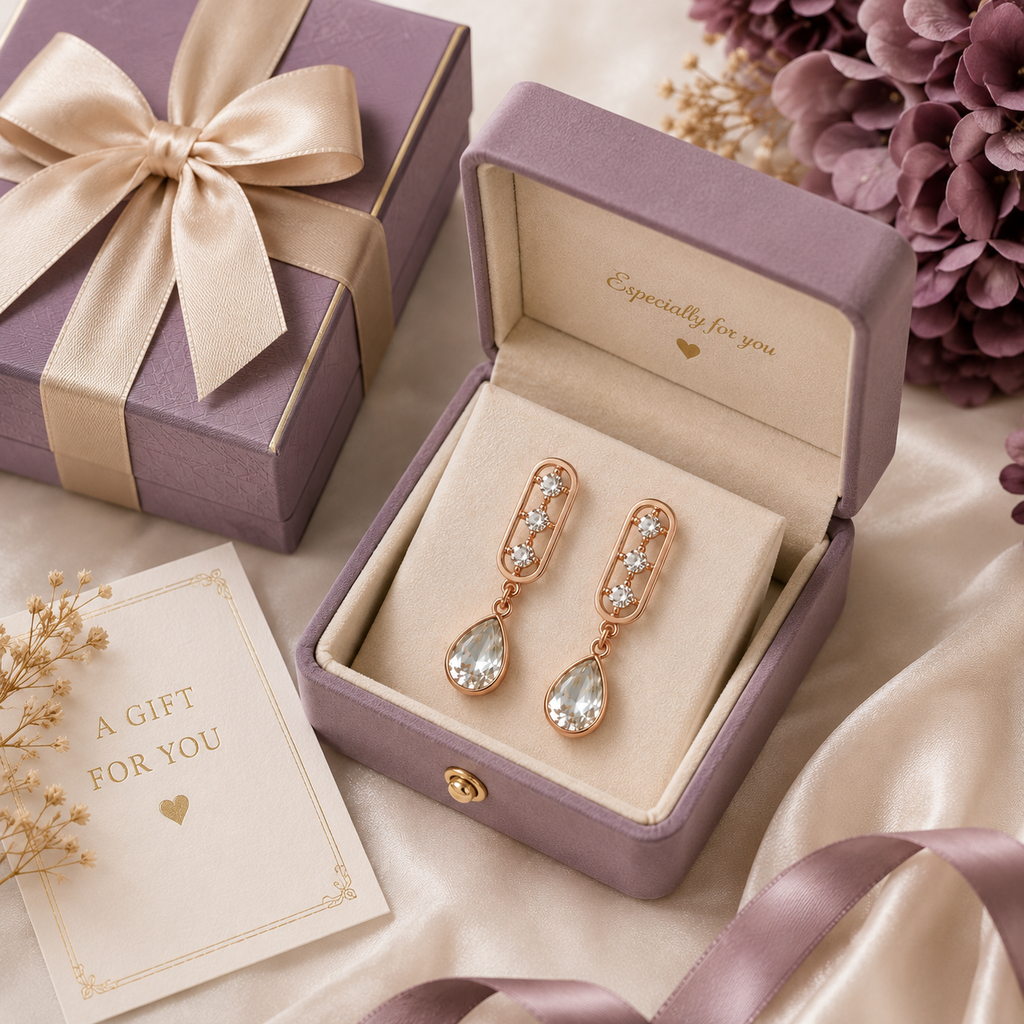 Rose gold CZ bar and teardrop crystal drop earrings surrounded by pink roses and gypsophila on rose gold background – AureliaBlends romantic bridal jewellery