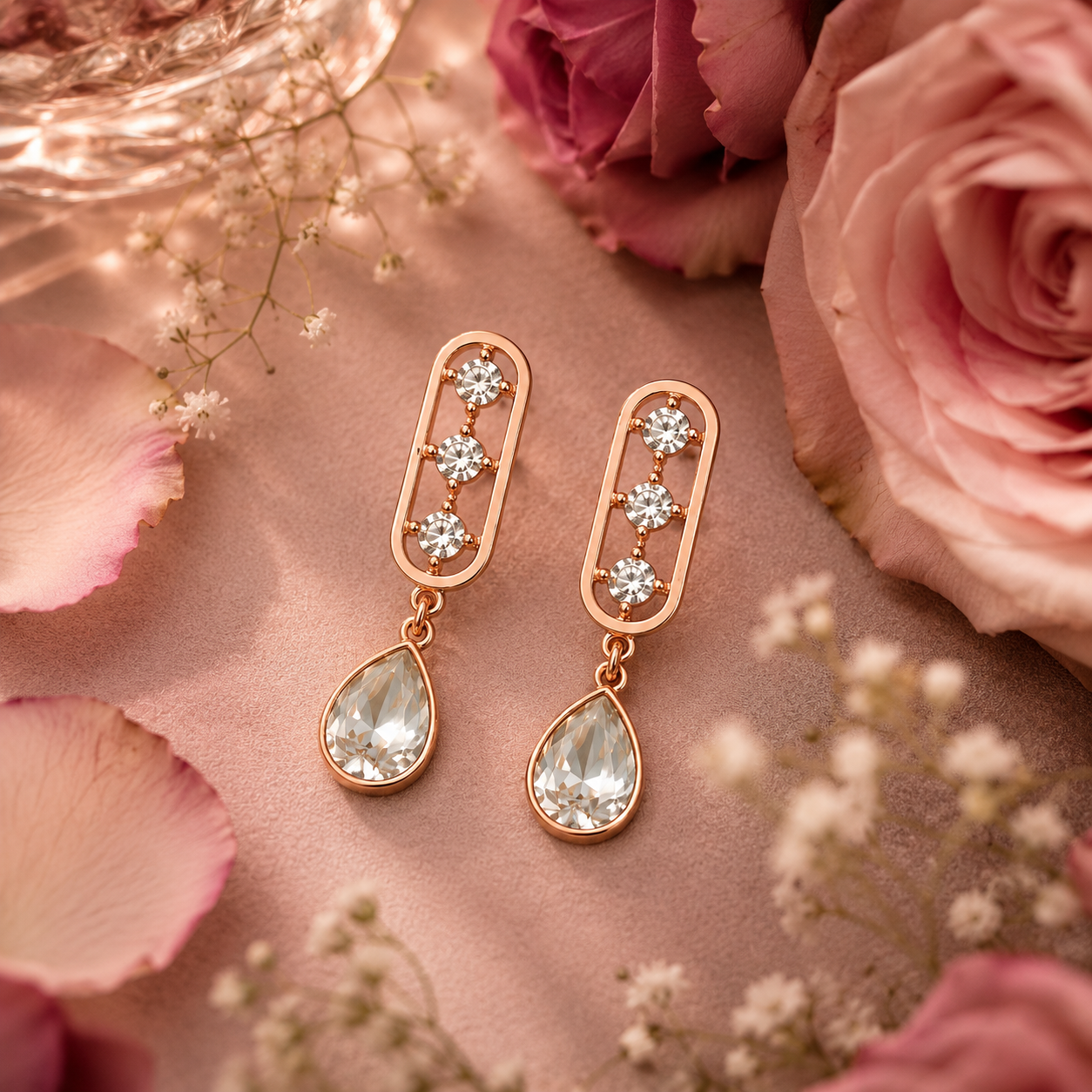 AureliaBlends rose gold CZ oval bar teardrop crystal drop earrings lifestyle flat lay on cream satin with dried flowers and gift card
