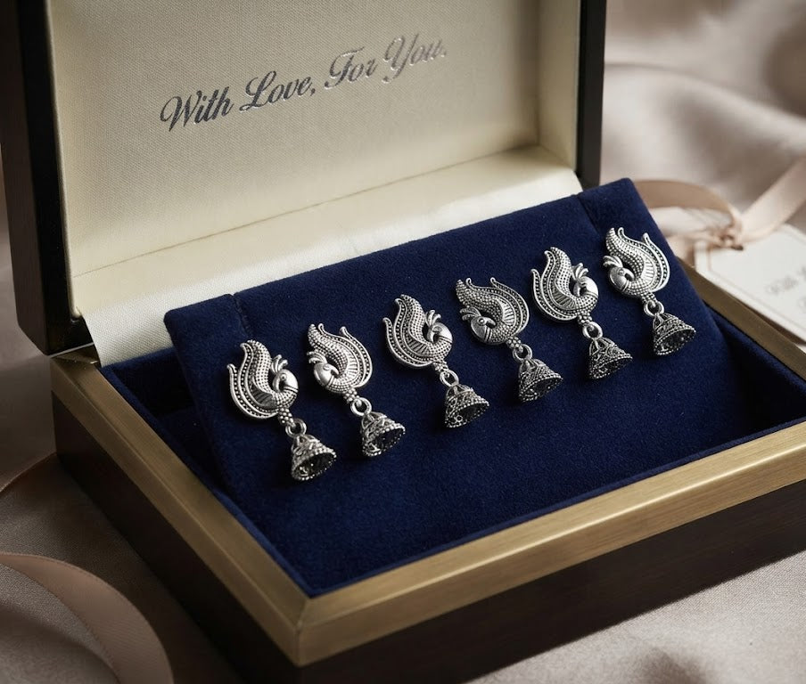 Oxidized silver phoenix bird jhumka earrings in premium navy blue velvet gift box with peacock gift tag – luxury gift for her by AureliaBlends