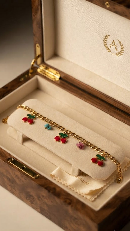 Gold cherry charm bracelet displayed in luxury wooden jewelry box – AureliaBlends