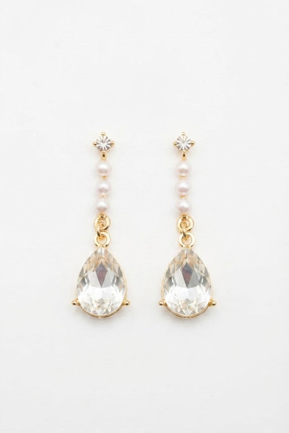 Gold CZ stud and pearl chain teardrop crystal drop earrings on white background – AureliaBlends bridal dangle earrings