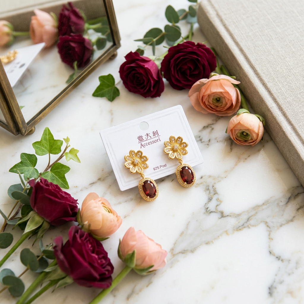 A pair of gold flower drop earrings with oval red gemstones on a white card, styled on a marble surface with pink and burgundy roses, green leaves, a mirror, and a beige book.