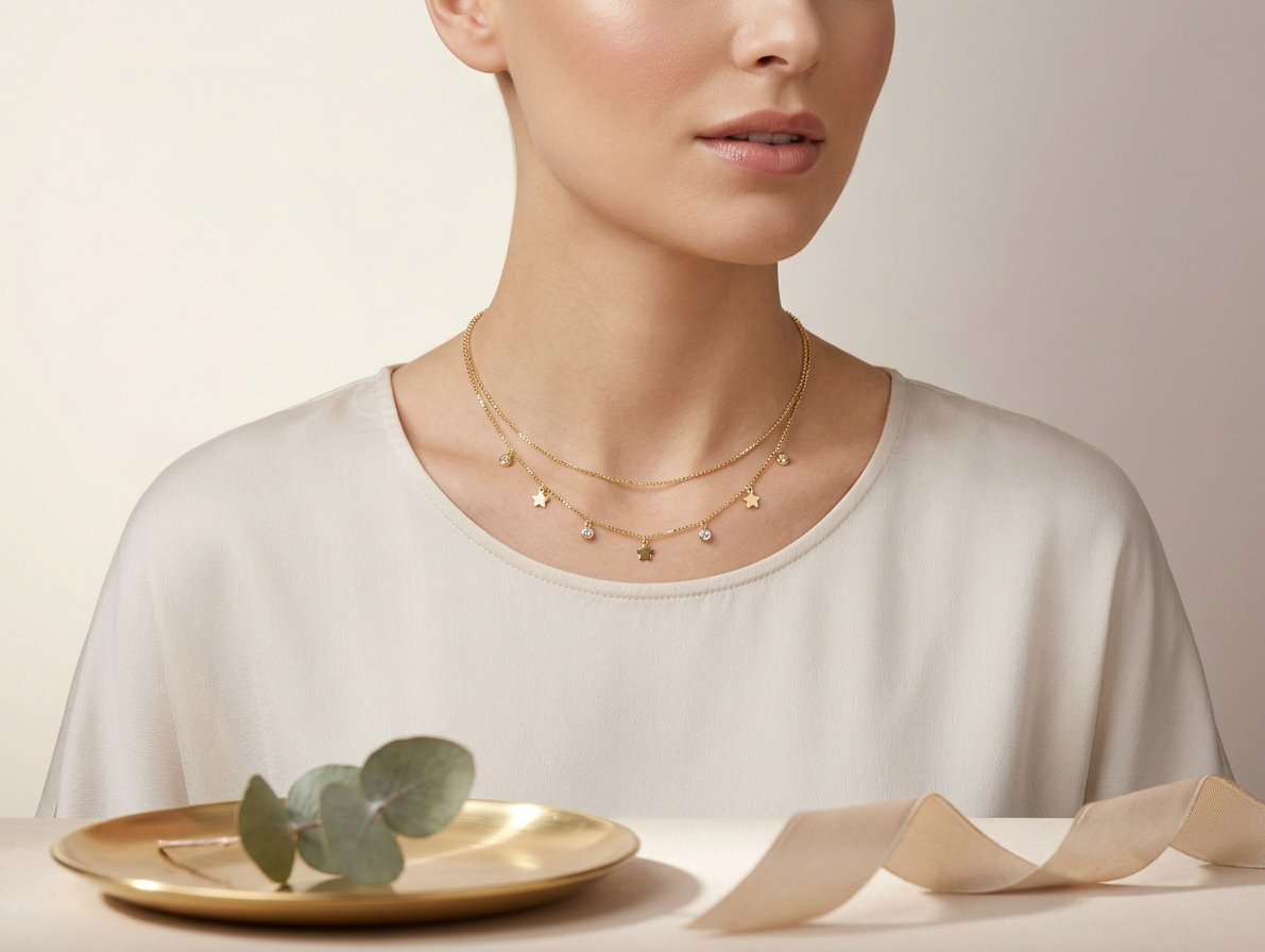 A close-up lifestyle shot of a model wearing a delicate double-layered gold necklace with small star and leaf charms. The model is wearing a cream-colored top, and the background is a soft beige with decorative props including a gold plate with eucalyptus leaves and a beige ribbon.