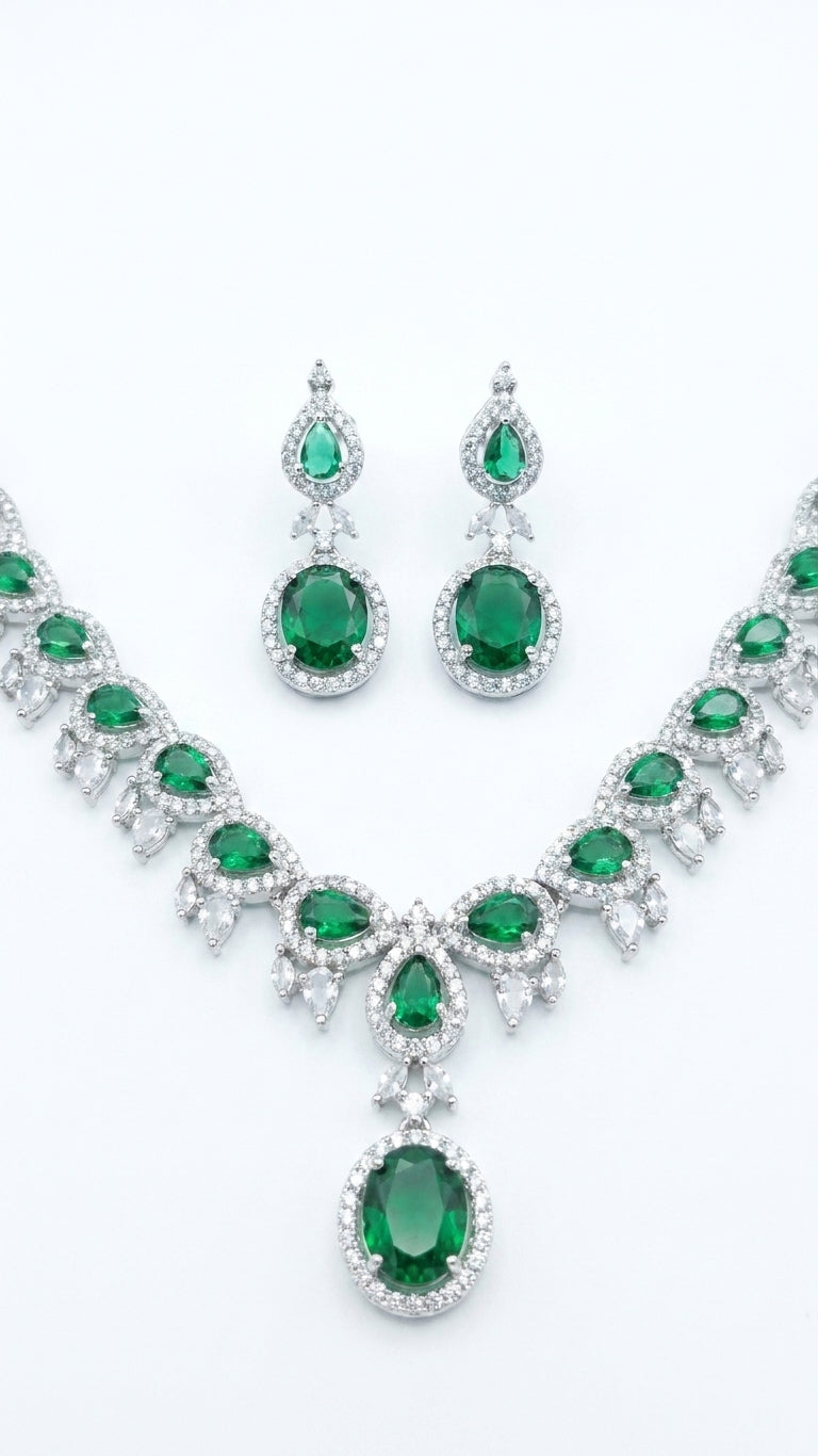 Emerald green CZ necklace and earrings bridal jewelry set in luxury green velvet gift box with cream satin lining – AureliaBlends Eternal Elegance