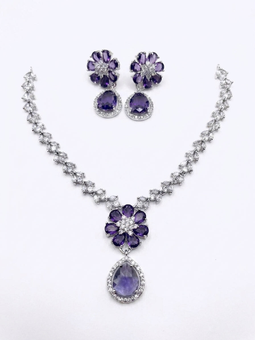 Amethyst purple CZ flower teardrop necklace and earrings set in black velvet jewelry box – luxury bridal jewelry set by AureliaBlends