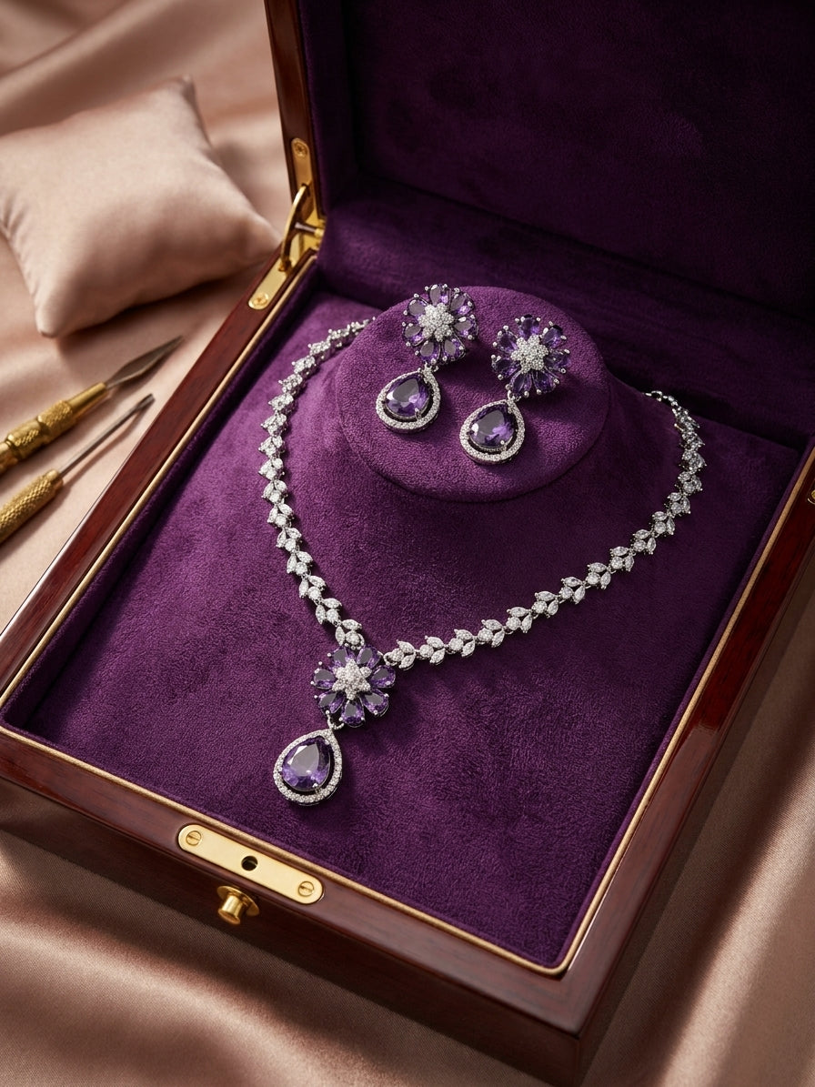 Model wearing amethyst purple CZ flower teardrop necklace and earrings set with deep purple velvet gown under evening lights – AureliaBlends bridal jewelry