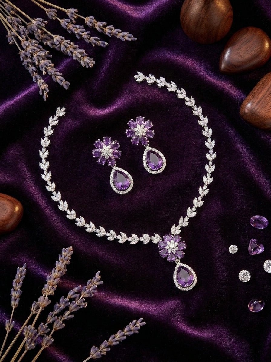 Amethyst purple CZ necklace and earrings set in purple velvet gift box with purple ribbon bow and 'For You Forever' card on cream satin – luxury gift for her AureliaBlends