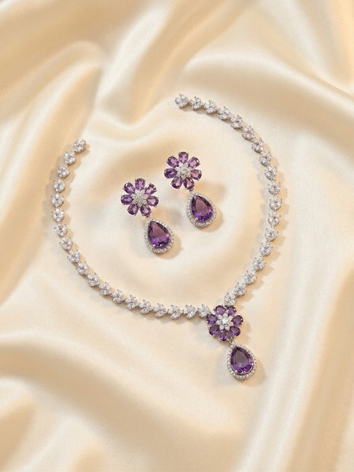 Amethyst purple CZ flower teardrop necklace and earrings set on black velvet with 'For You Forever' card, purple ribbon and white baby's breath – AureliaBlends