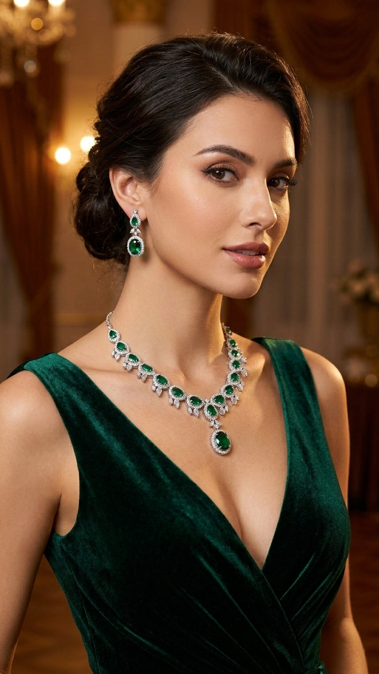 Emerald green CZ necklace and earrings set flat lay on green satin with gardenias, crystal decanter and vintage jewelry box – AureliaBlends