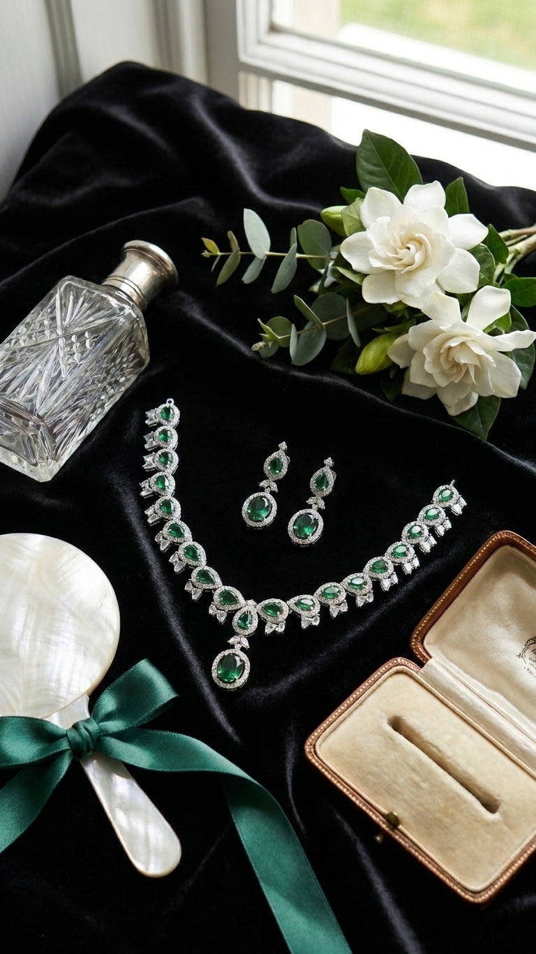 Emerald green CZ necklace and earrings set in open green velvet gift box with 'For You' gift tag, gardenias and pearl hand mirror – gift for her AureliaBlends