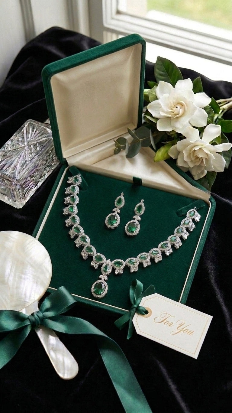 Emerald green CZ necklace and earrings set in green velvet gift box with 'For You' tag and gardenias – Eternal Elegance luxury jewelry gift AureliaBlends