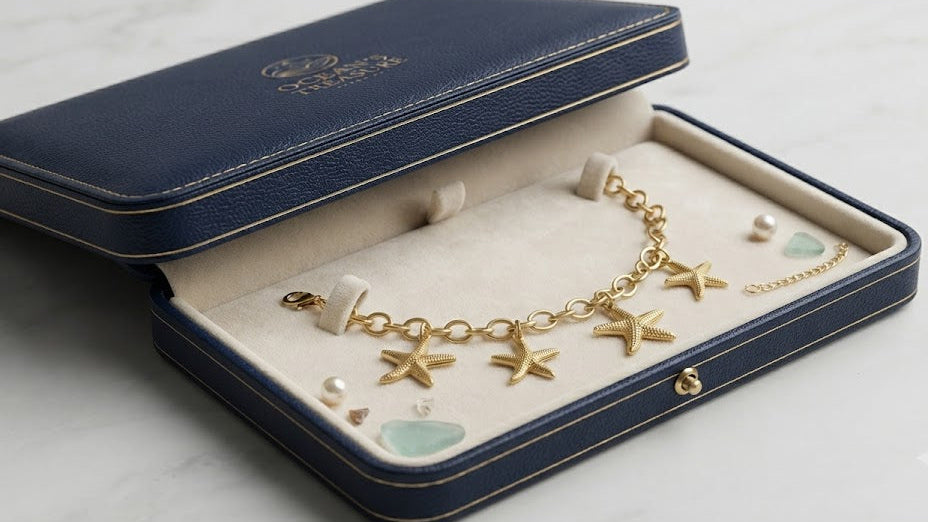 Gold-plated starfish charm bracelet displayed in navy blue luxury gift box on marble surface – AureliaBlends