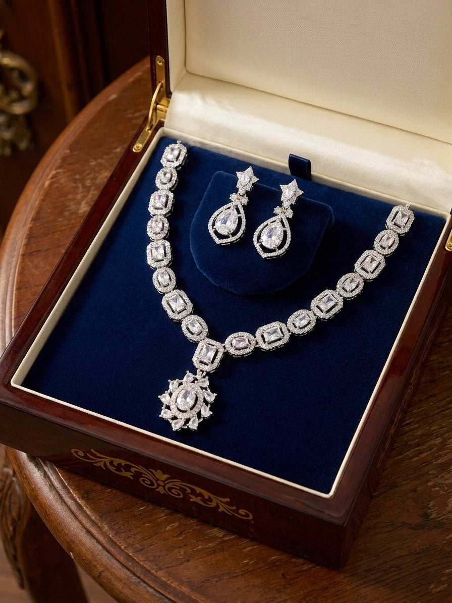 Silver CZ bridal jewelry set presented in a premium green velvet gift box with white roses and a 'For You, Forever' tag – AureliaBlends