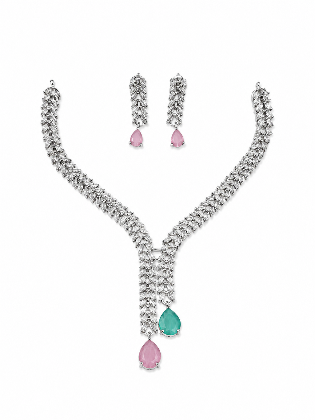 Pink and green cubic zirconia wheat chain bridal necklace and drop earring set displayed in a cream velvet jewelry box with baby's breath flowers – AureliaBlends