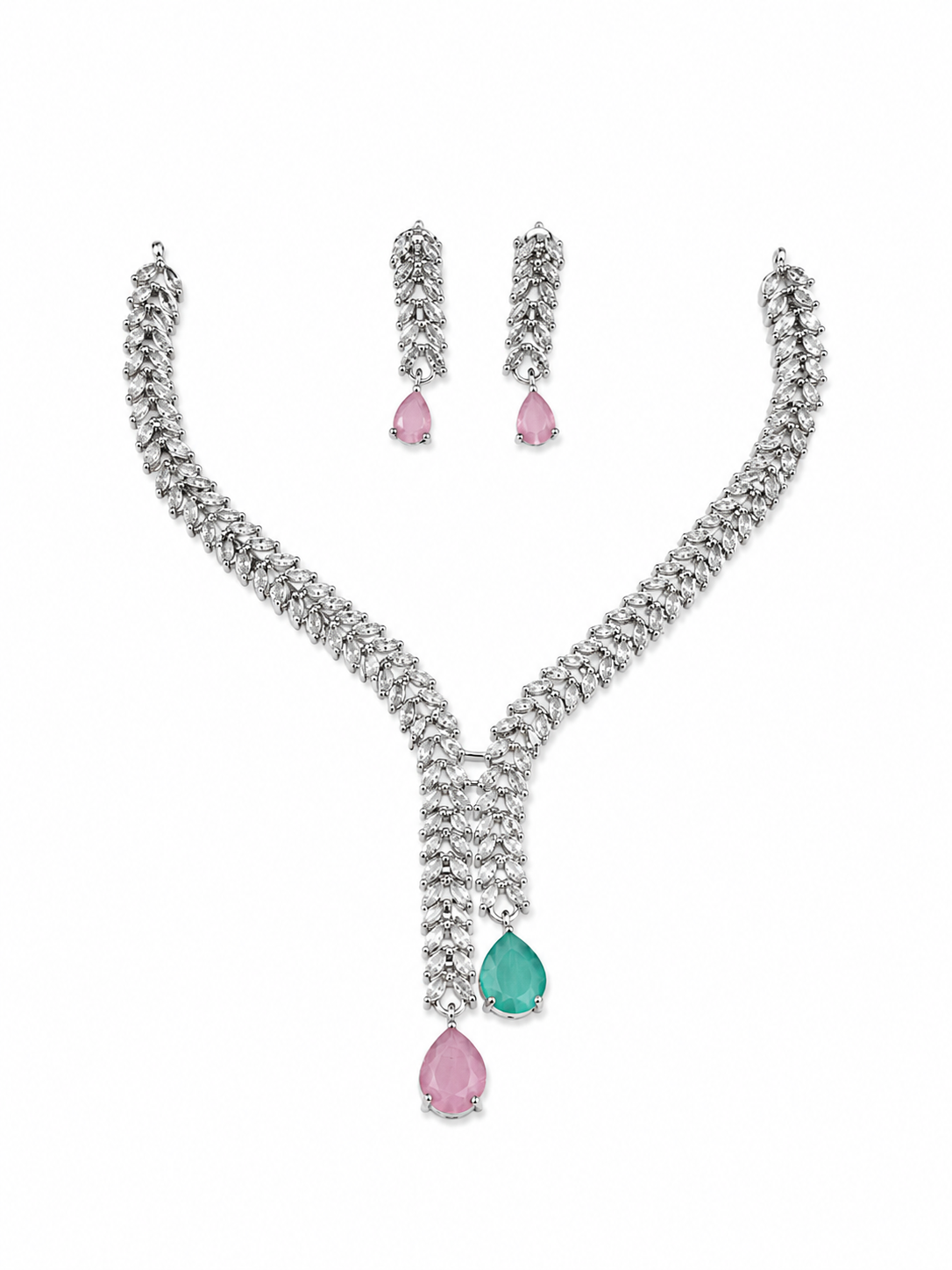 Pink and green cubic zirconia wheat chain bridal necklace and drop earring set displayed in a cream velvet jewelry box with baby's breath flowers – AureliaBlends