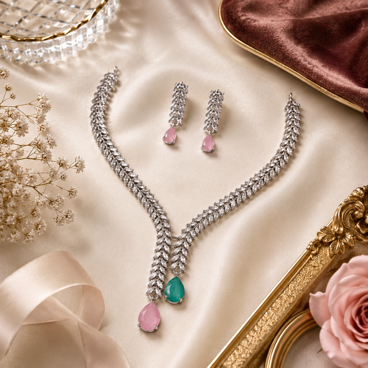 Silver CZ wheat chain bridal necklace and earring set in a cream gift box with 'Especially for You' tag and pink roses – AureliaBlends gift jewelry