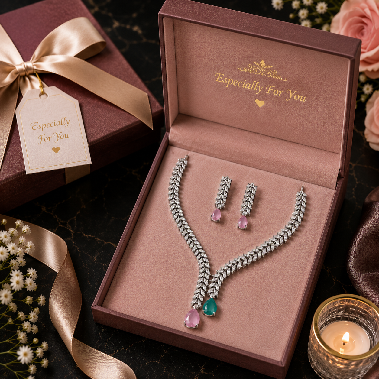 Silver marquise CZ wheat chain necklace and pink teardrop earring set on black background with baby's breath – AureliaBlends luxury bridal jewelry