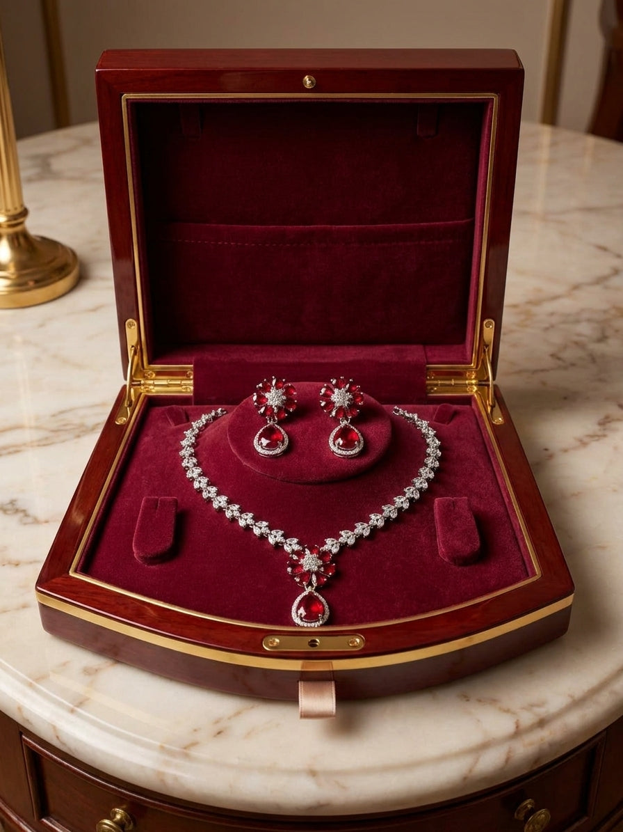 Ruby red CZ floral necklace and earring set displayed in an open burgundy wood jewelry box with gold trim on a marble table – AureliaBlends luxury bridal jewelry