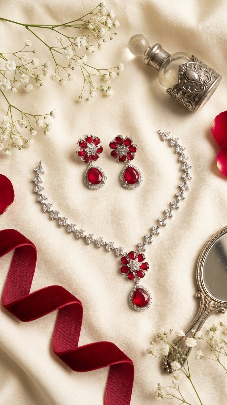 Flat lay of ruby red CZ floral necklace and earring set on ivory satin with red roses, baby's breath, red ribbon and vintage perfume bottle – AureliaBlends