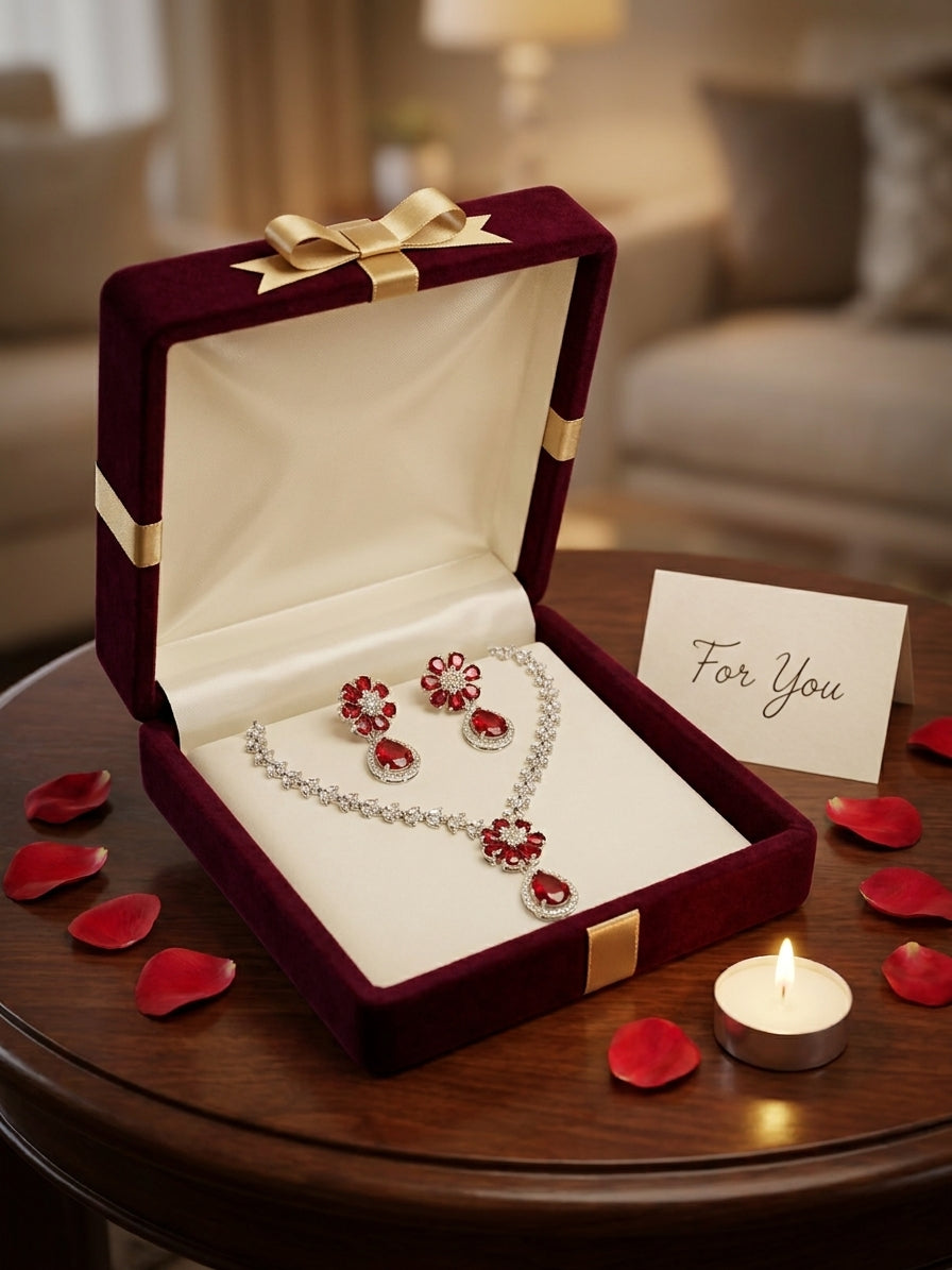 Ruby red CZ floral necklace and earring set in a burgundy velvet gift box with gold bow and 'For You' card surrounded by rose petals and a candle – AureliaBlends gift jewelry