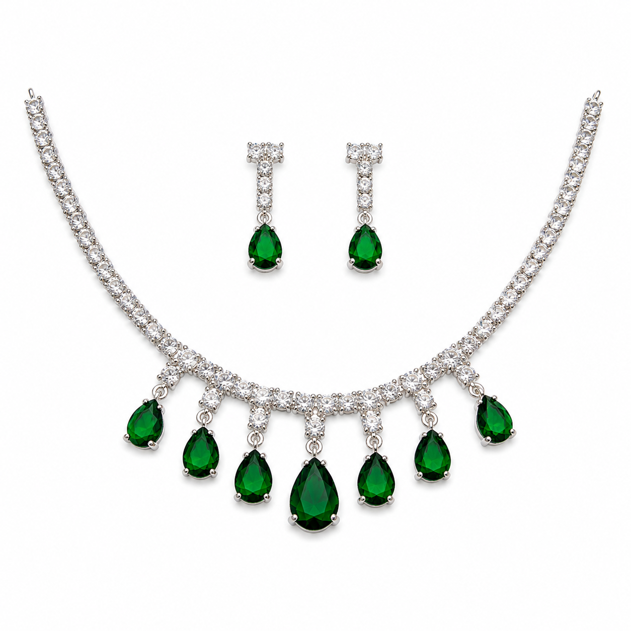 Emerald green cubic zirconia teardrop tennis necklace and drop earring set on white background – AureliaBlends statement bridal jewelry