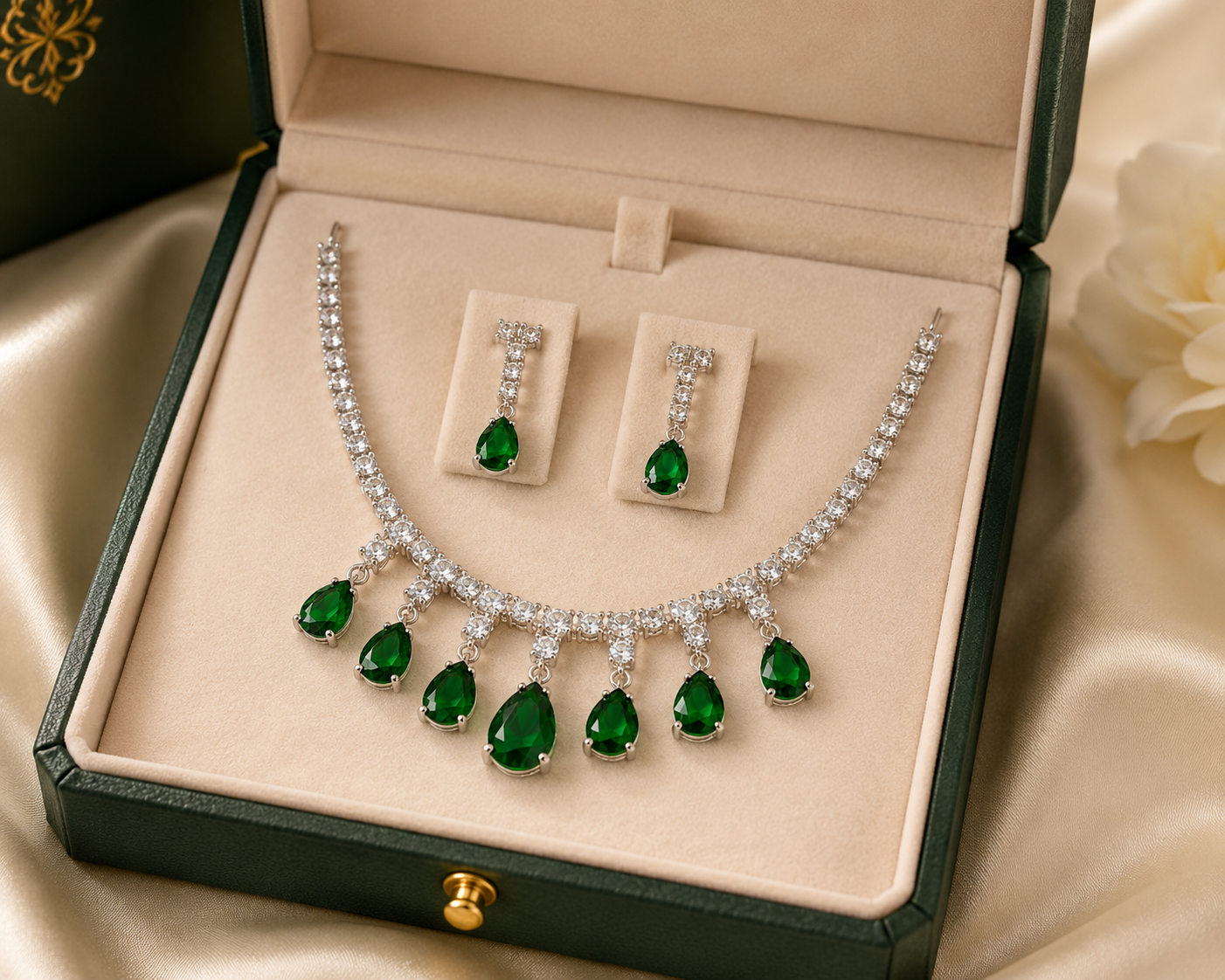 Model wearing emerald green CZ teardrop tennis necklace and matching drop earrings with a black off-shoulder gown in a grand ballroom setting – AureliaBlends