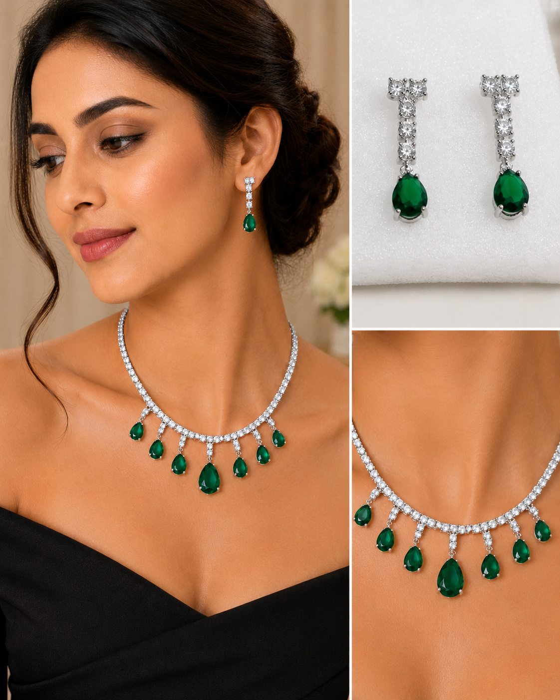 Model wearing emerald green CZ teardrop necklace and earring set with black off-shoulder top – close-up collage showing earring and necklace detail – AureliaBlends