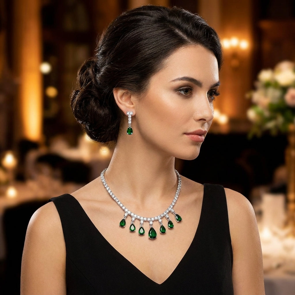 Flat lay of emerald green CZ teardrop tennis necklace and earring set on grey velvet with eucalyptus leaves, baby's breath and a silver jewellery box – AureliaBlends