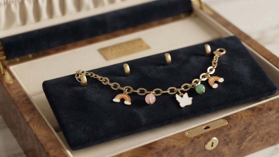 Woman wearing gold rainbow charm bracelet with enamel charms and gemstone beads on wrist in white shirt – AureliaBlends