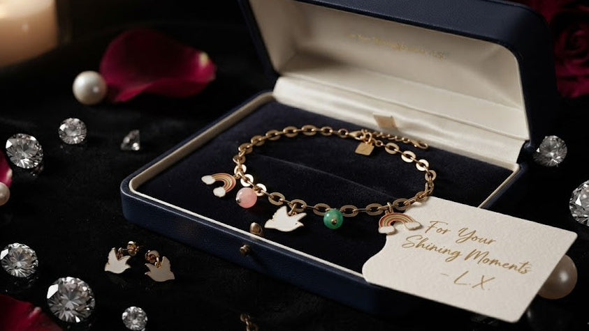 Gold rainbow enamel charm bracelet on white background showing oval link chain and lobster clasp – AureliaBlends