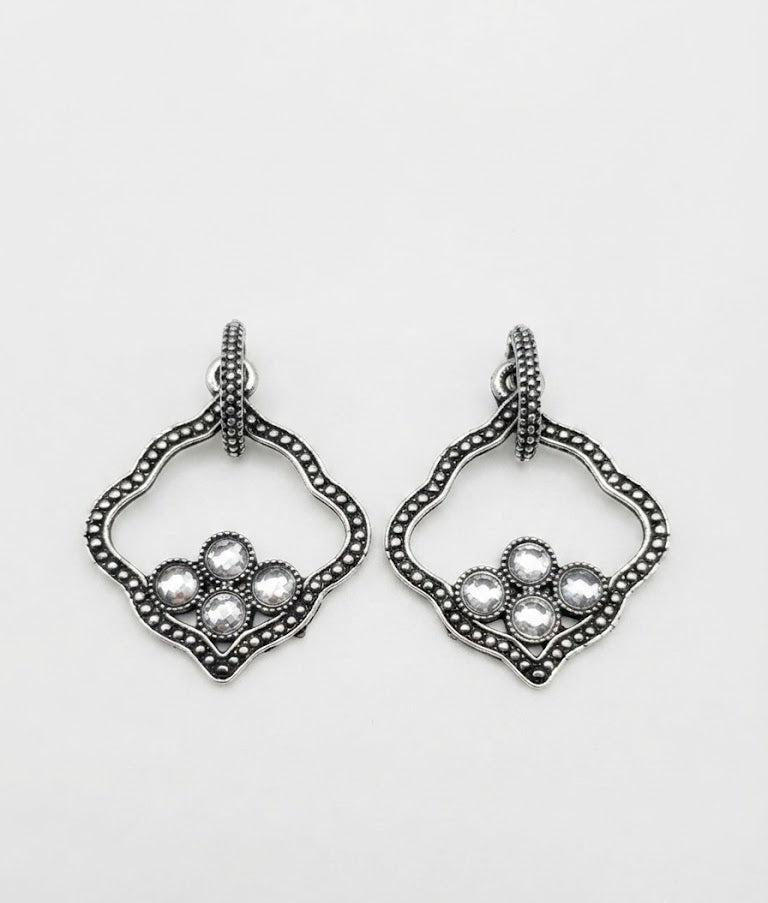 Oxidised silver quatrefoil pearl cluster drop earrings in open walnut wood gift box with navy blue velvet lining and With Love & Timeless Elegance gold inscription, wax seal gift card with lavender sprig on champagne satin – AureliaBlends
