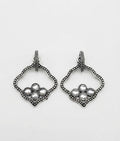 Oxidised silver quatrefoil pearl cluster drop earrings in open walnut wood gift box with navy blue velvet lining and With Love & Timeless Elegance gold inscription, wax seal gift card with lavender sprig on champagne satin – AureliaBlends