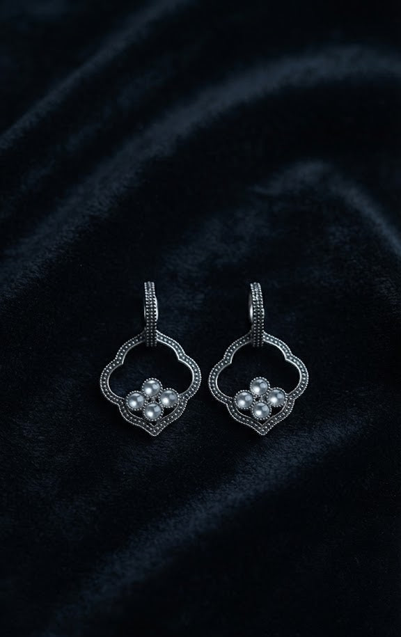 Oxidised silver quatrefoil Mughal arch pearl cluster drop earrings in open walnut wood gift box with cream velvet lining, wax seal gift card and lavender sprig on champagne satin – AureliaBlends luxury earrings