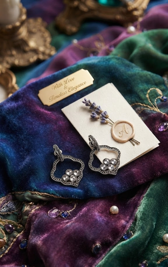 Oxidised silver Mughal arch quatrefoil pearl drop earrings lifestyle flat lay on champagne satin with walnut wood gift box and lavender – AureliaBlends gift earrings