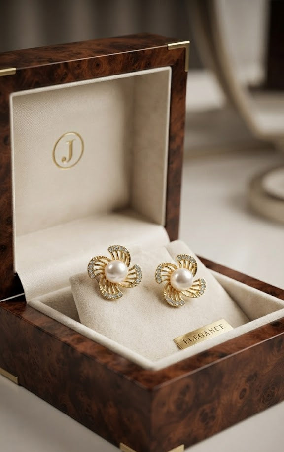 Gold pavé CZ swirl floral pearl stud earrings in an open burr wood Elegance jewellery box on marble with a vintage watch, Chanel perfume, Guerlain powder, Smythson notebook, pen and dried flowers – AureliaBlends