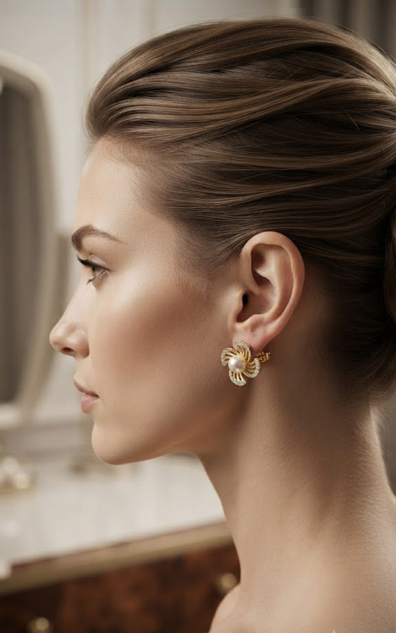 Close-up of gold pavé CZ swirl floral pearl stud earrings in a cream velvet Elegance jewellery box surrounded by blush roses and perfume bottle – AureliaBlends luxury bridal earrings
