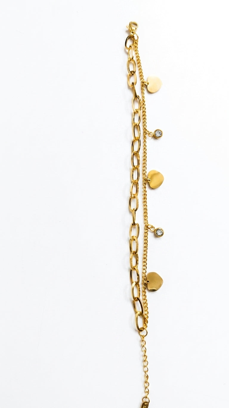 Gold double layer heart charm bracelet anklet in open white luxury gift box with navy velvet pillow cream satin ribbon and For You card on wooden table – AureliaBlends