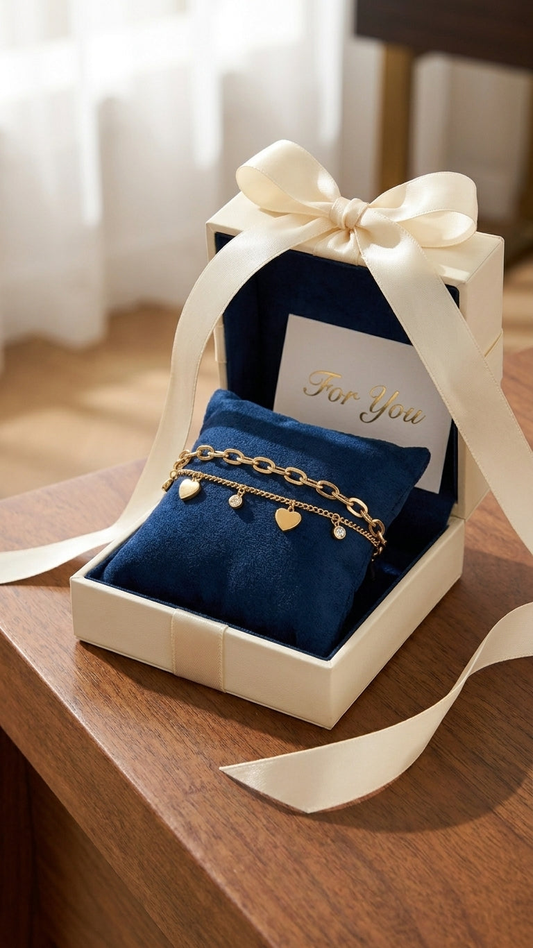 Woman wearing gold double layer paperclip and curb chain heart and CZ dangle charm bracelet on wrist in white shirt in jewelry store setting – AureliaBlends