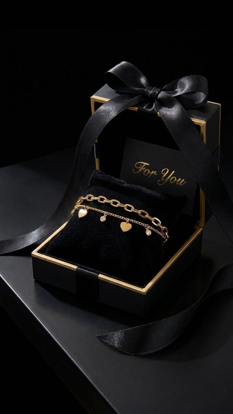 Gold double layer heart and CZ dangle charm bracelet anklet in open black luxury gift box with gold trim black satin ribbon and For You card on black background – AureliaBlends