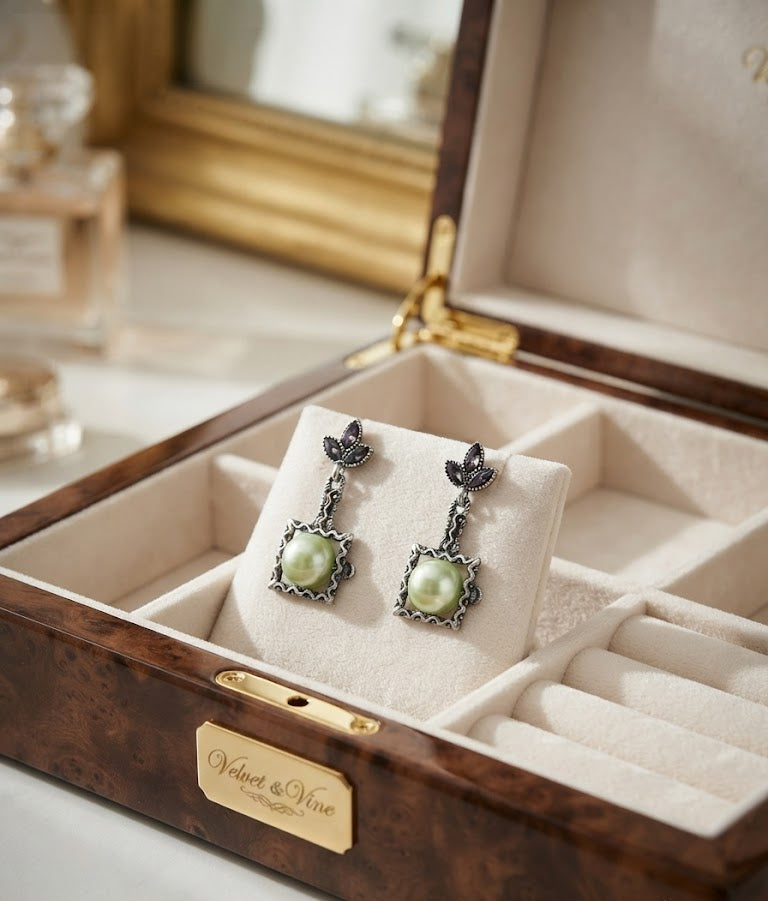 Oxidised silver marcasite leaf and square cream pearl drop earrings flat lay on cream damask silk with gold perfume bottle, fountain pen, walnut jewellery box and lavender sprig – AureliaBlends vintage earrings